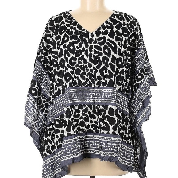 Theodora & Callum Caftan Tunic Poncho Top Tee Shirt Linen Blend Size OS V Neck - Picture 1 of 15